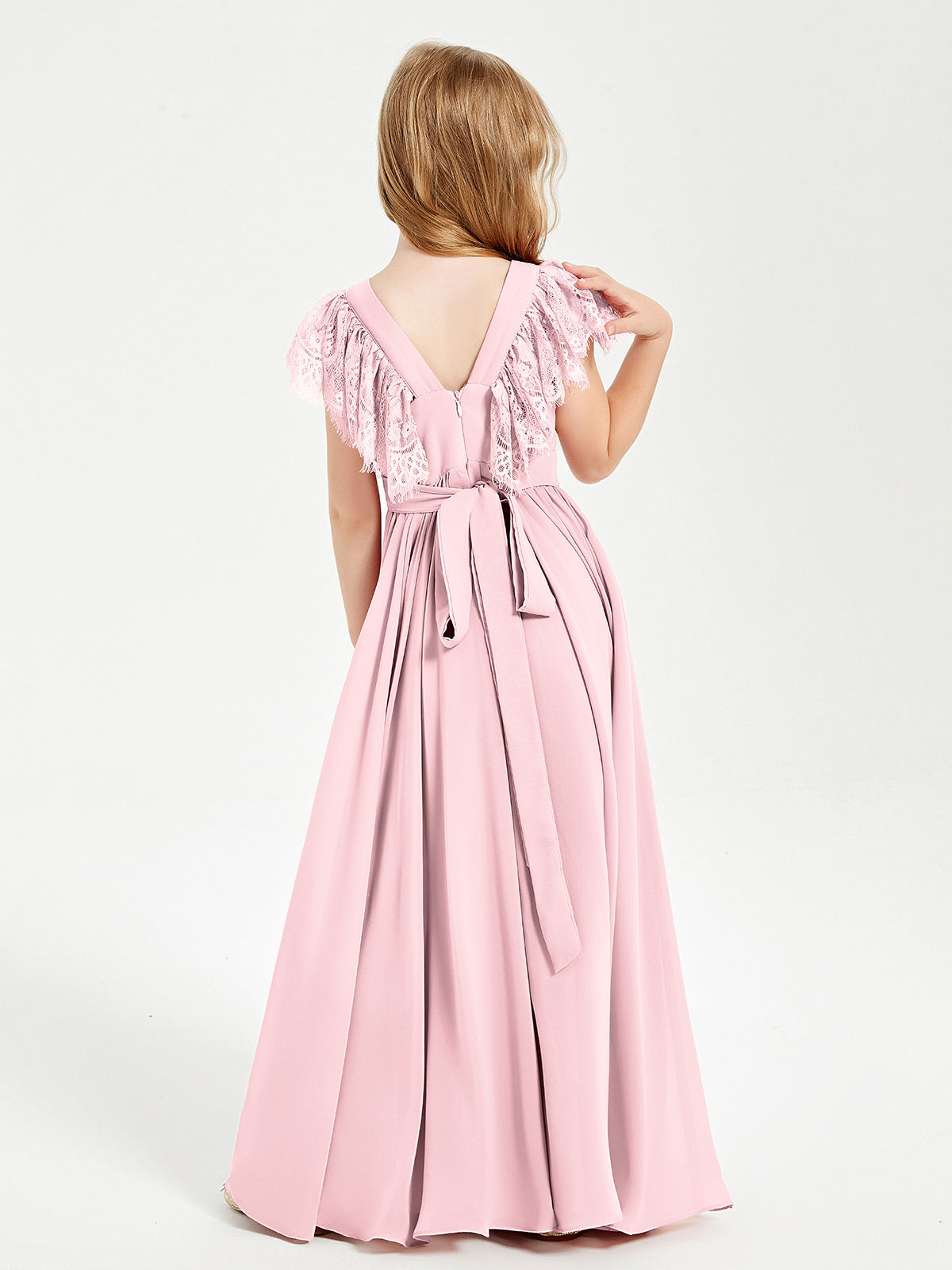 Chiffon Junior Bridesmaid Dresses with Lace Flutter Sleeves Blushing Pink